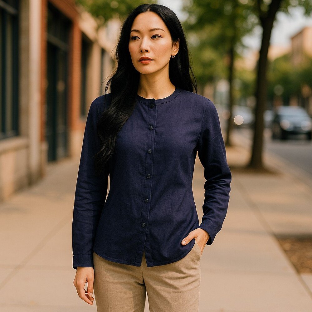 FLAX SZ P (4-6) Women's Long-sleeve Button Down Midnight Blue Linen Blouse Top - Picture 5 of 11
